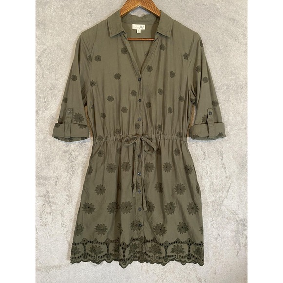 Maison Jules Shirt Dress Women Sz L Olive Floral Embroidered Eyelet Button Front - Picture 1 of 10